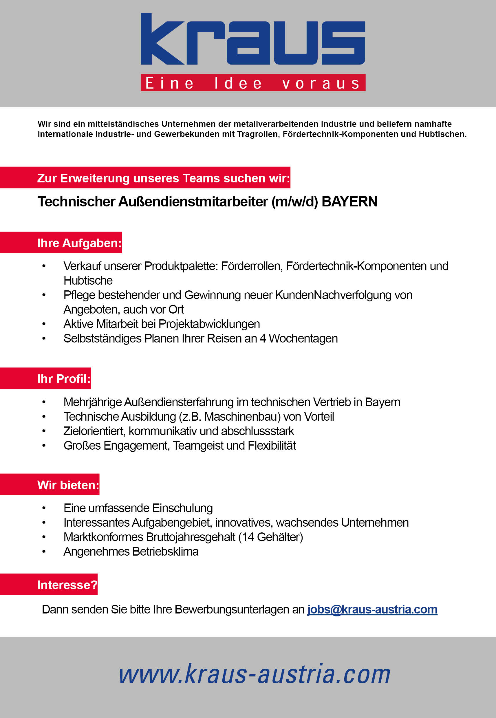 Offene Stelle - KRAUS - Aussendienstmitarbeiter für Bayern