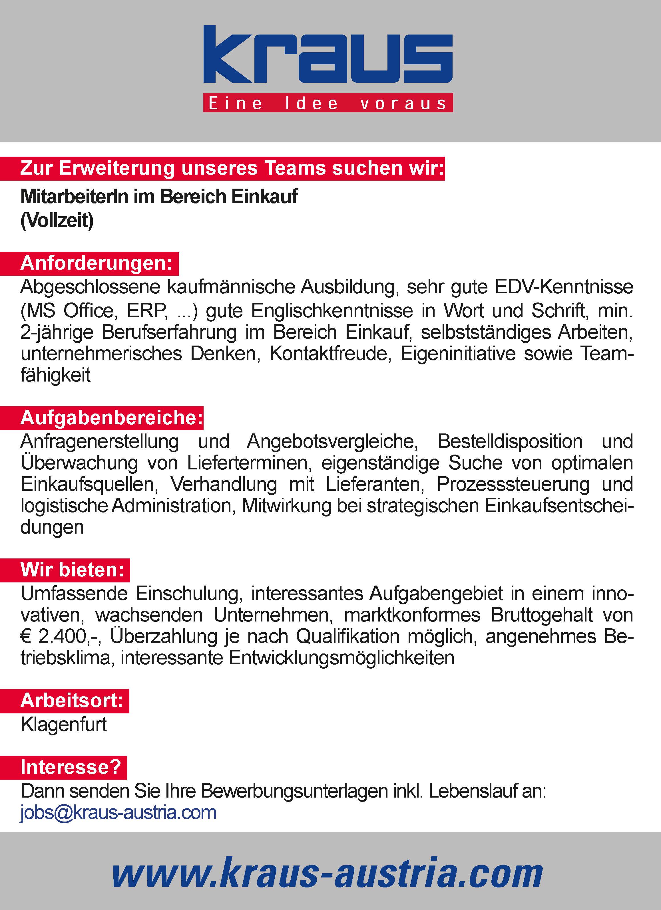 Inserat MitarbeiterIn Bereich Einkauf