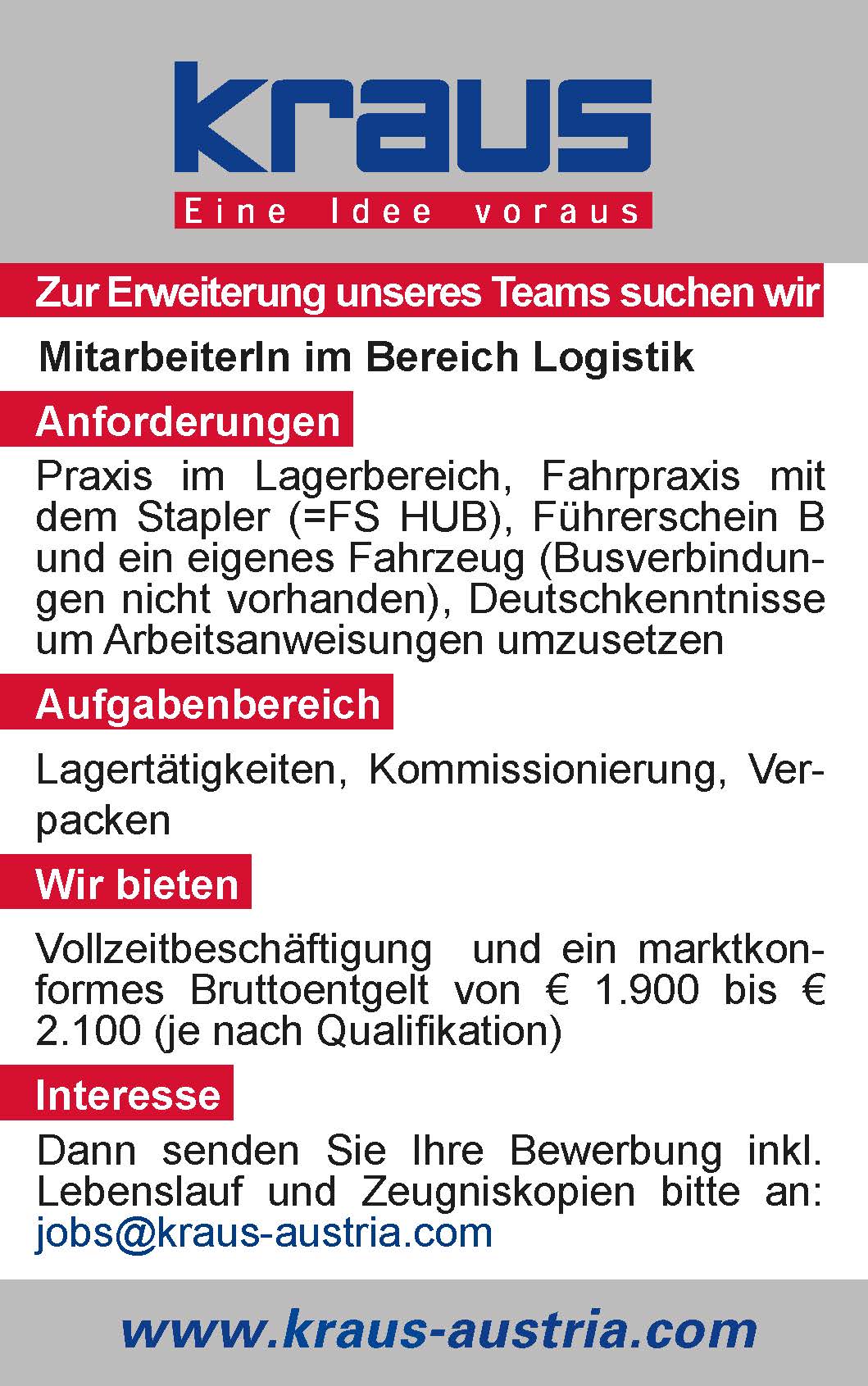 Inserat MitarbeiterIn im Bereich Logistik