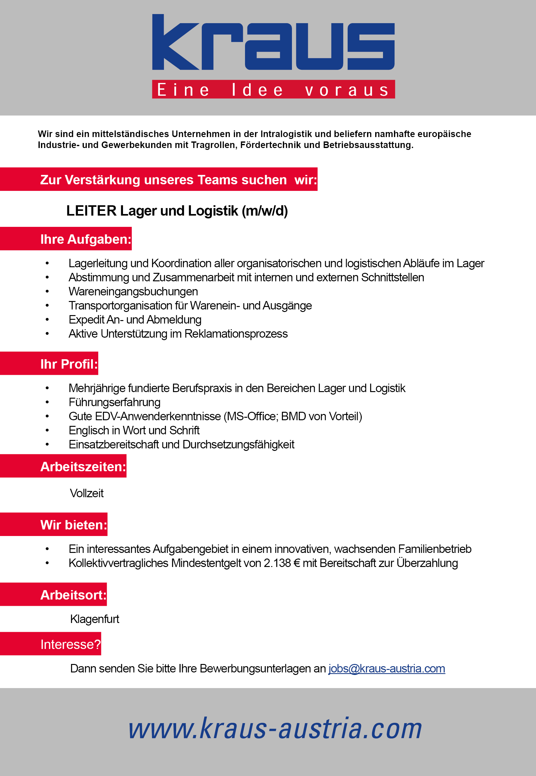 Stellenausschreibung LEITER Lager und Logistik (m/w/d)