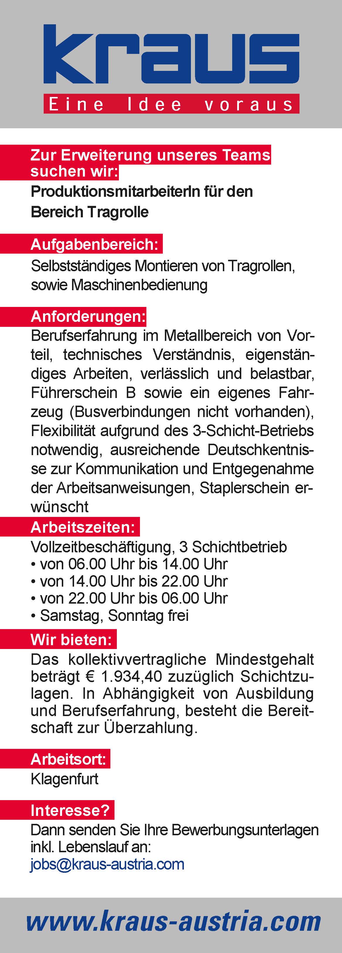 Inserat MitarbeiterIn Fertigungsmontage Tragrolle