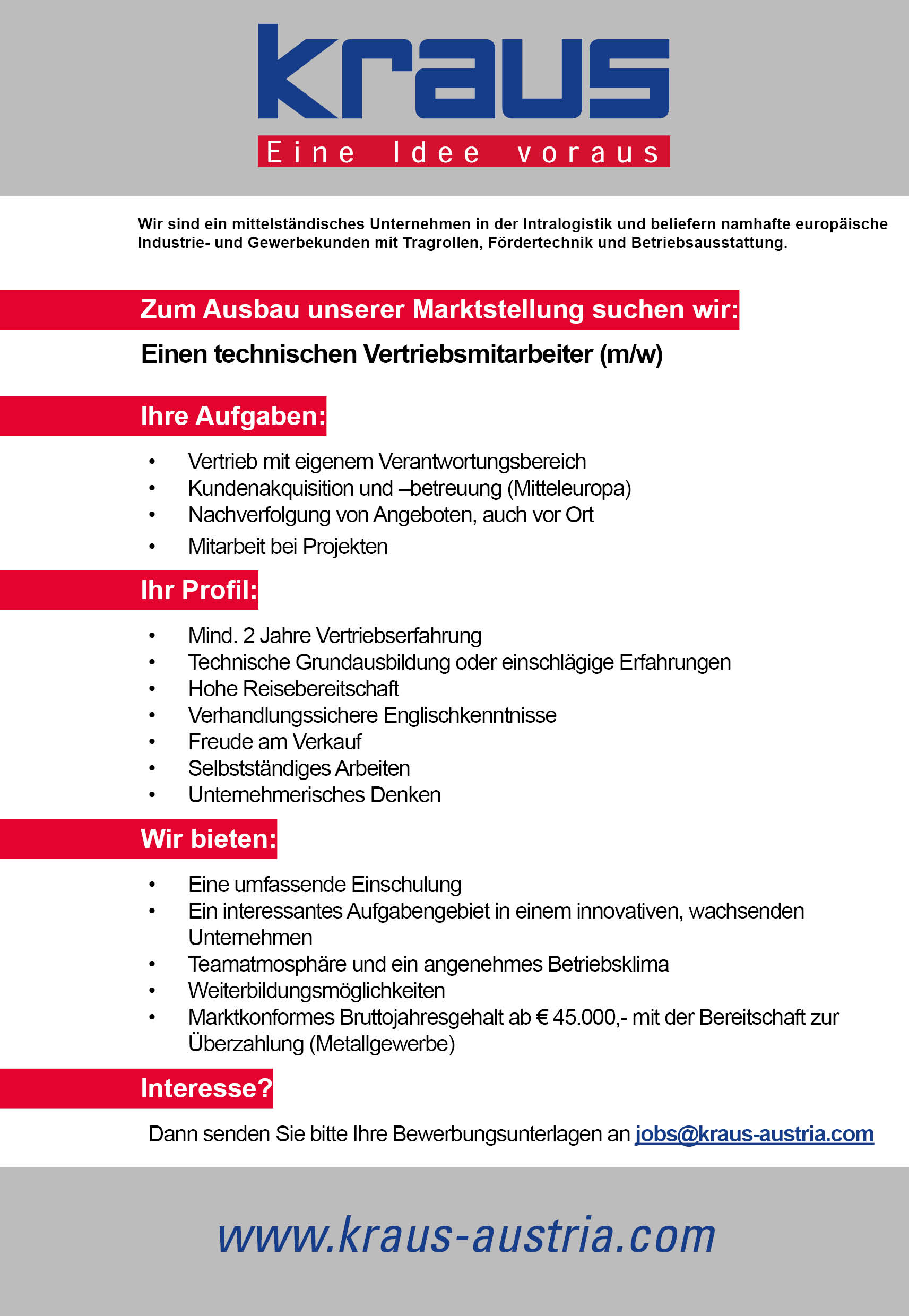 Offene Stelle - KRAUS - Technischer Vertriebsmitarbeiter