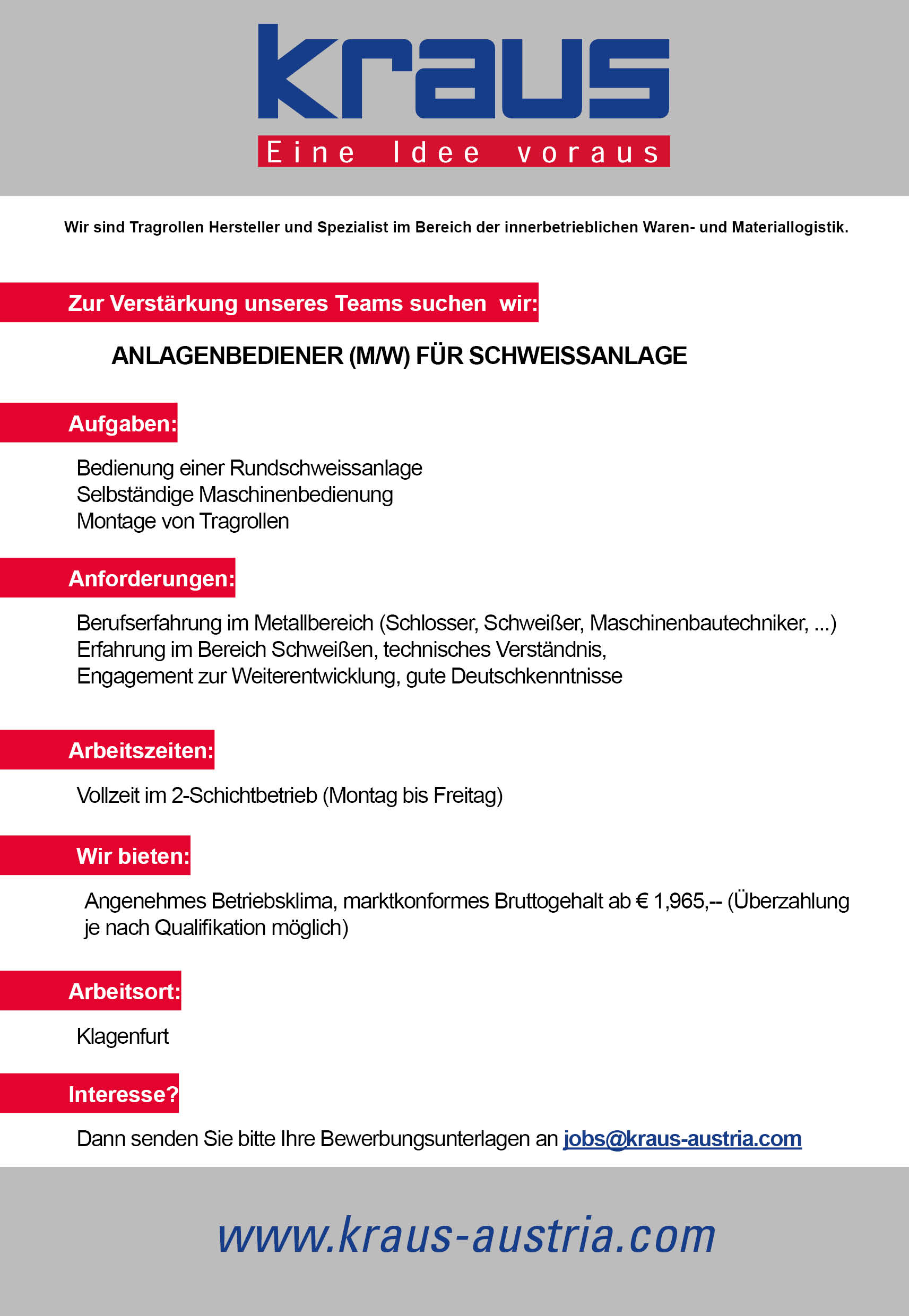 Anlagenbediener (m/w/d) für Schweissanlage