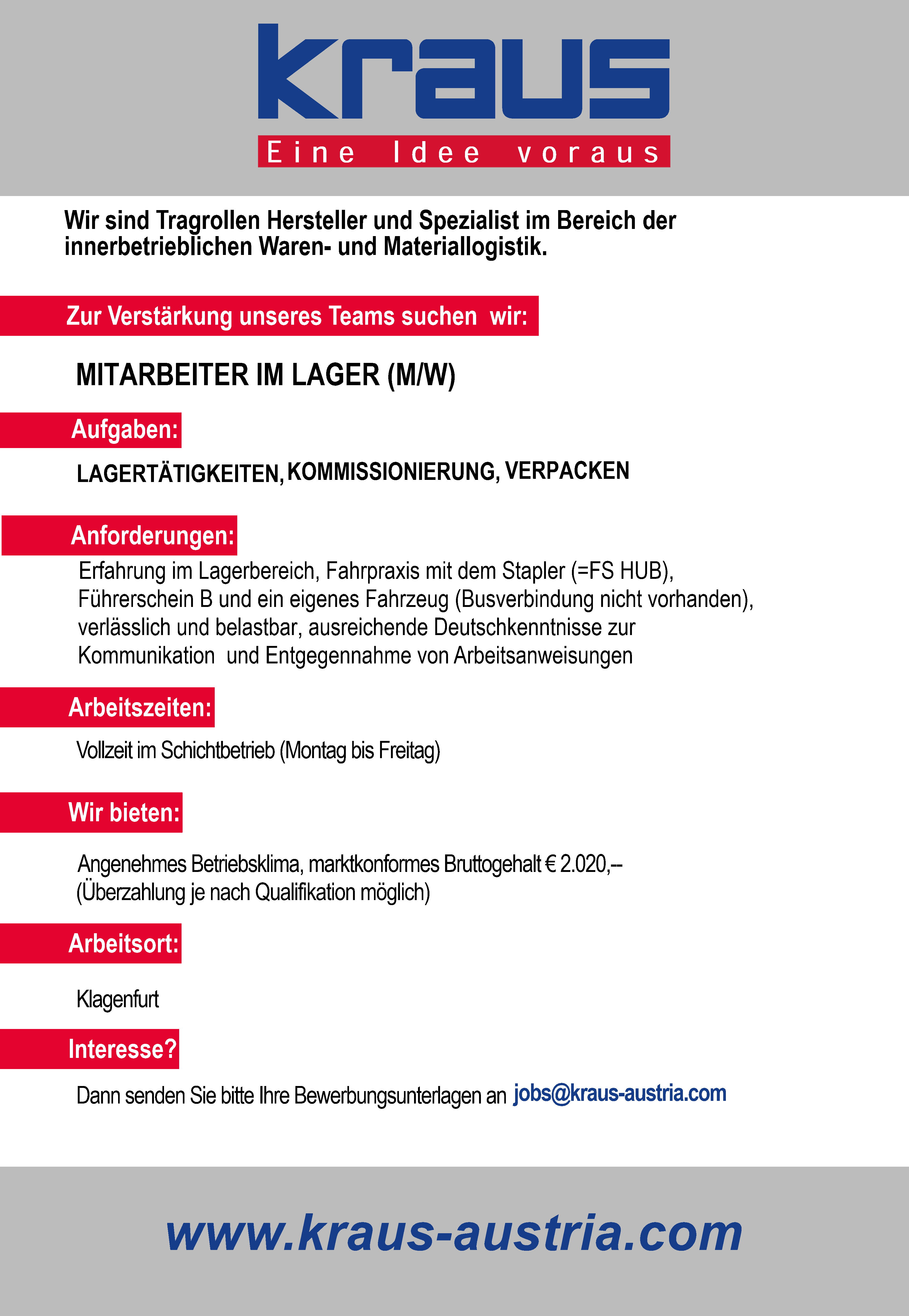 Inserat MitarbeiterIn im Bereich Lager