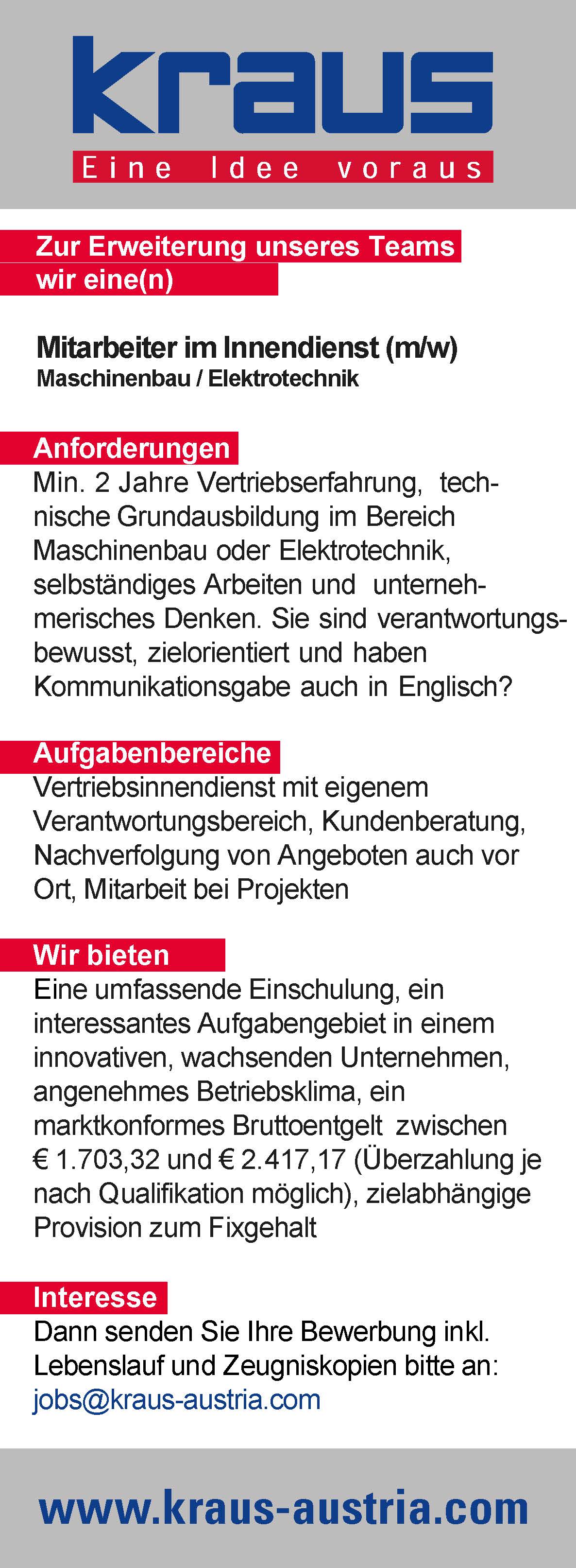 Inserat MitarbeiterIn im Bereich Vertriebsinnendienst