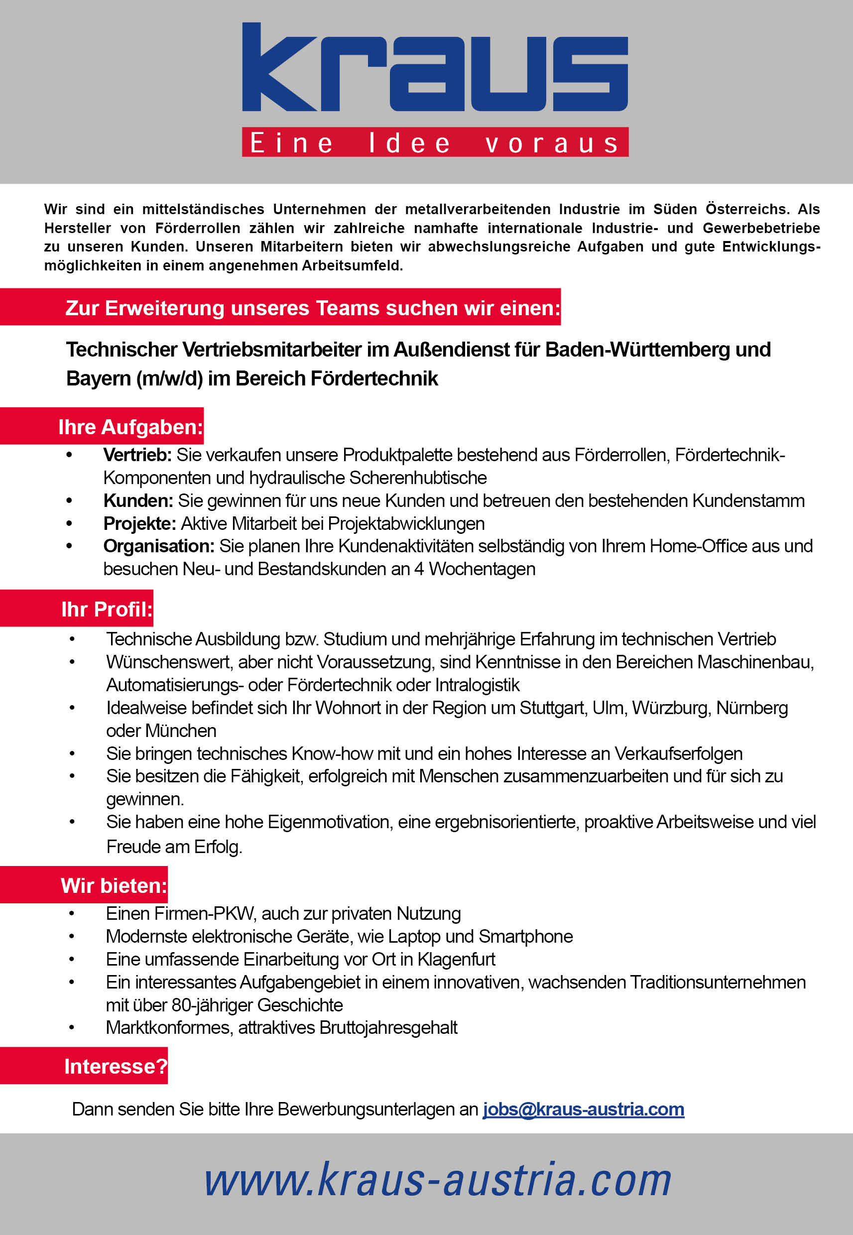 Technischer Vertriebsmitarbeiter im Außendienst Baden-Württemberg u. Bayernund Bayern (m/w/d) im Bereich Fördertechnik
