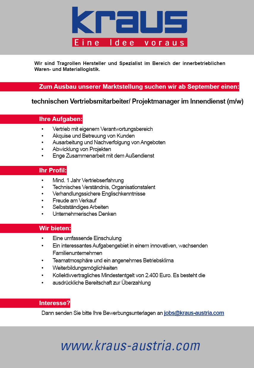 KRAUS Austria JOB - Mitarbeiter Vertriebsinnendienst