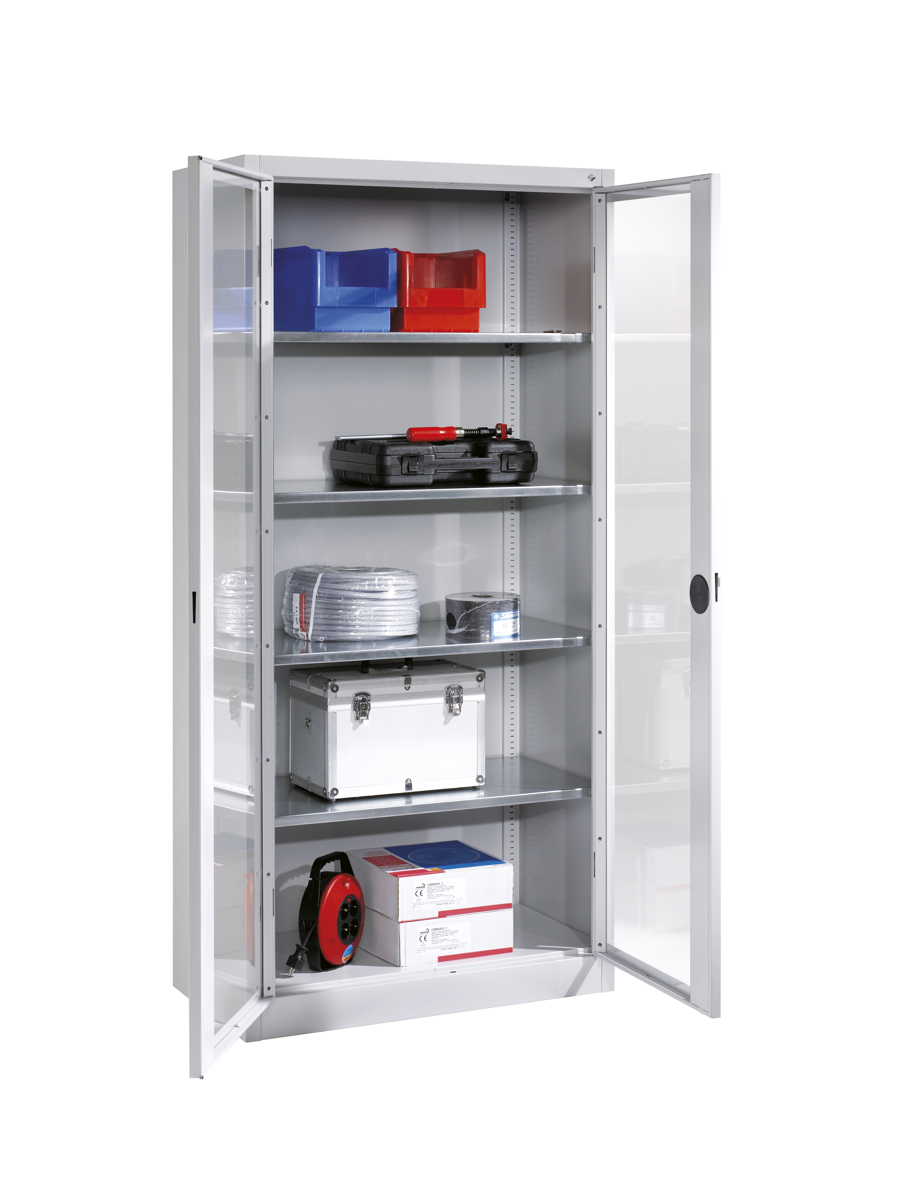 Tool and material cabinets with vision panels in doors