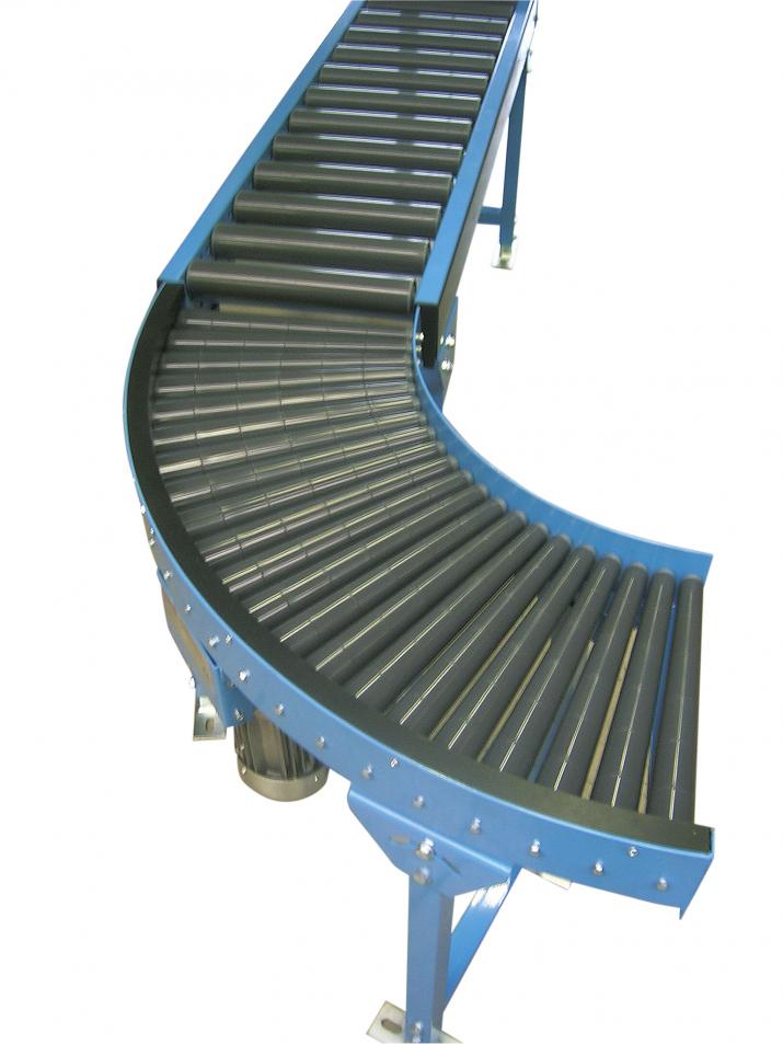 Mini tapered conveyor roller curves, power-driven